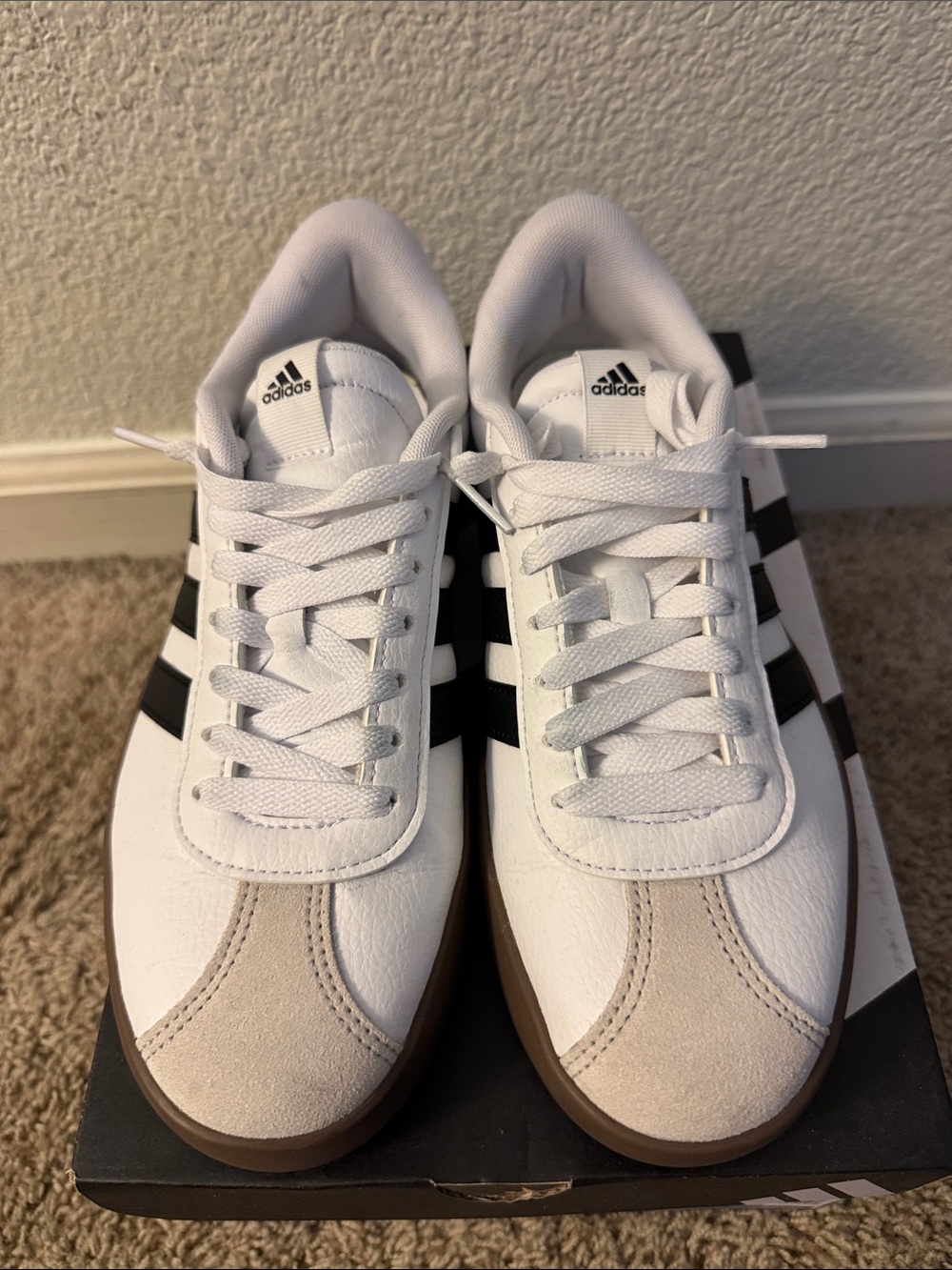 Adidas VL Court 3.0 White Sneakers with Black Stripes and Brown Sole - Picture 4 of 6